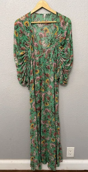 Free People Earthfolk Button Front Maxi Dress Size Small Ruched Sleeves V-neck thumbnail 1