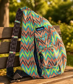 KAVU Rope Bag Neon Chevron Zigzag Canvas Sling Crossbody Backpack Grey Blue thumbnail 1