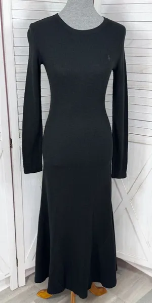 Polo Ralph Lauren Waffle Knit‎ Long Sleeve Maxi Dress Black Flared Hem Small thumbnail 1