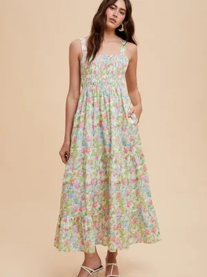 Floral Smocked Tiered Midi Dress Pink Blue Green Print Large thumbnail 3