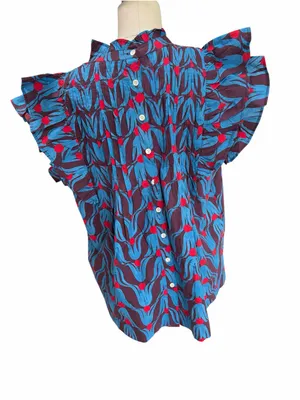 Oliphant Pintuck Blue and Burgundy Floral Ruffle-Sleeve Blouse large thumbnail 4