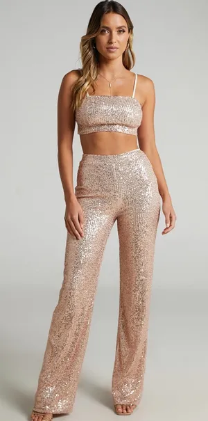 Showpo Sequin Women's Bandeau Two Piece Set in Rose Gold thumbnail 1