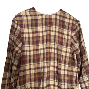 Zara Ecru Maroon Plaid Long Sleeve Ruched Flounce Flare Blogger Mini Dress Small thumbnail 3