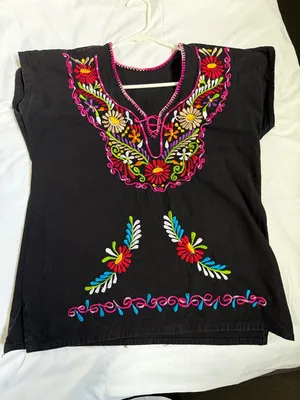 Black Embroidered V-Neck Women’s Top - Bright Floral Detailing thumbnail 2