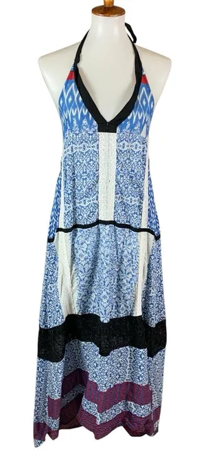 Khaadi Khaas Boho Halter Maxi‎ Dress Blue Patchwork 100% Cotton Small thumbnail 1