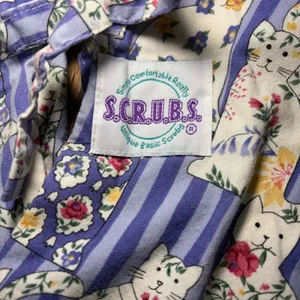 80s‎ SCRUBS Cat Floral Print Striped Scrub Dress XL Blue Cotton Pockets USA Made thumbnail 2