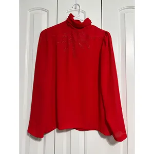 Capree Blouse Vintage 80s Red Beaded Mock Neck‎ Chiffon Button Back 16 Retro thumbnail 2