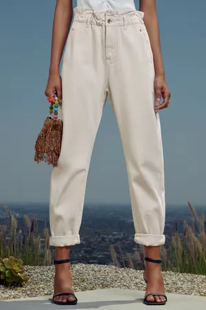Zara NWT Z1975 Baggy High Waisted Paperbag Jeans Ecru Off White Size 30 thumbnail 4