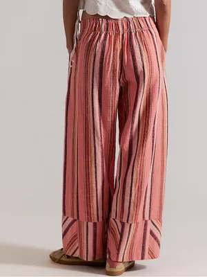 Free People Day's End Linen Striped Pull-On Pants in Soft Coral Combo NWT thumbnail 2