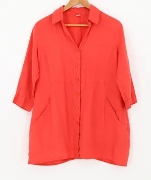 Dark Coral Linen Tunic Top Lagenlook‎ Coastal Beachy Oversized Pockets Size M/L thumbnail 1
