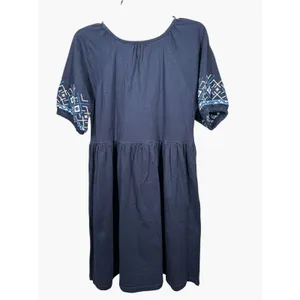 Cupio Small Dress Boho Navy Blue Embroidered Short Sleeve 100% Cotton Hippie thumbnail 2