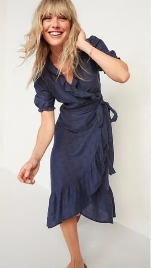 Old Navy Wrap Midi‎ Dress Blue Casual Tie Waist Short Sleeve Size M Women thumbnail 1