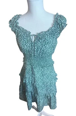 Dark Green Floral Milkmaid Mini Dress Smocked Waist Cottagecore Ruffle Small thumbnail 1
