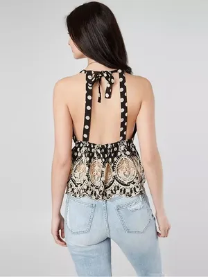 Free People Lunch Date Polka Dot Halter Top Crochet Lace Boho Black Medium NWT thumbnail 2