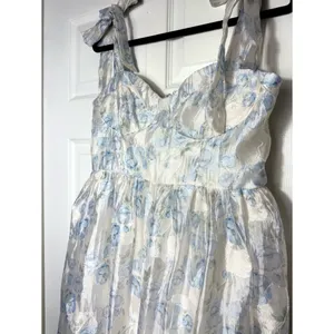 Lulus White Baby Blue Floral Burnout Tie-Strap Sweetheart Midi Dress Size M thumbnail 6