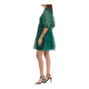 Crown & Ivy Tiered Mini Dress Womens Large‎ Green Striped Puff Sleeve Babydoll thumbnail 4
