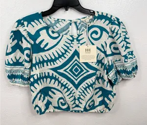 Haute Hippie Blouse Size L Teal White Geometric Puff Sleeve Cropped Half Sleeve thumbnail 1