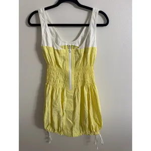 Anthropologie Daily Pratice Yellow White Zip Front Smocked Bubble Mini Dress S thumbnail 3