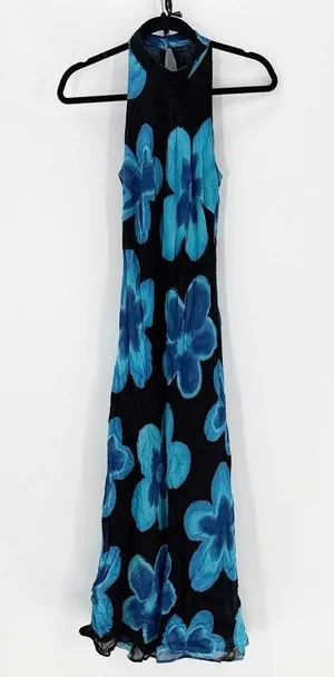 Vintage 90s Tessuto big blue tropical teal Floral Dress size S summer maxi thumbnail 2