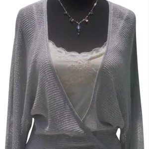 Cache Knit Silver Metallic Peek A Boo Faux Wrap Top New Banded Bottom $98 NWT thumbnail 5