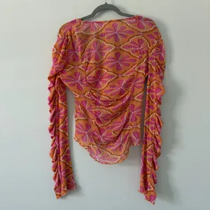 Free People Through the Meadow V Neck Floral Long Sleeve Top Pink Orange M NWT thumbnail 3