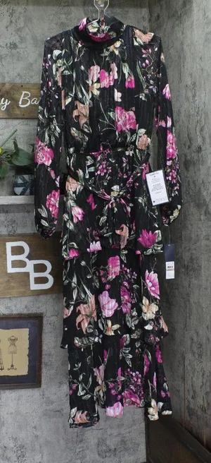 RACHEL by Rachel Roy Mae Printed Tiered Maxi Dress Belted Black Combo Cascade 12 thumbnail 1