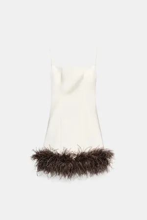 Zara Satin Mini Dress with Feather Hem in Cream thumbnail 7