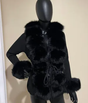 Real fox fur cardigan genuine fur collar trench coat parka jacket wool cape blazer thumbnail 4