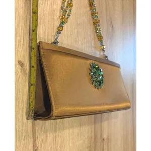 Bronze Satin Evening Clutch‎ Bag Green Rhinestone Brooch Beaded Handle Crossbody thumbnail 5