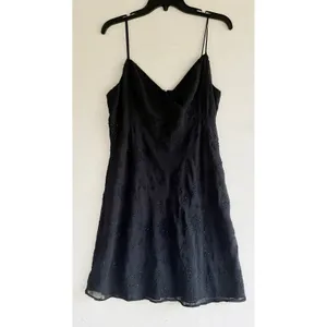 JSC Vintage 90s Black Beaded Floral Mini Dress Spaghetti Strap Size 14 Wrap Neck thumbnail 3