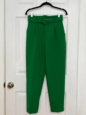 ZARA Green Belted High Waist Tapered Ankle Career Dress Pants S Classic Office thumbnail 2