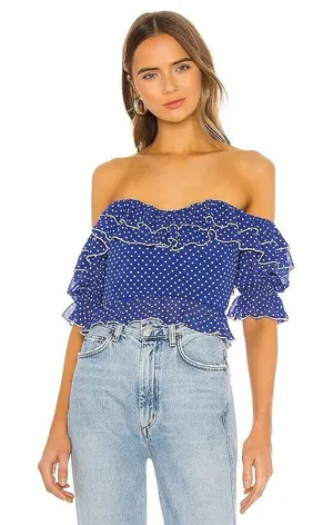 Lovers‎ + Friends Blue Polka Dot Ruffle Off The Shoulder Crop Top Small thumbnail 1