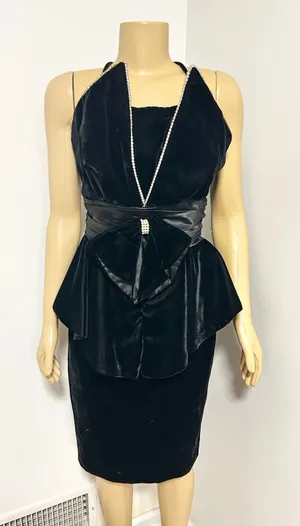 Vintage Night Way Black Velvet Peplum Dress Rhinestone Bow Halter 80s Glam 12 thumbnail 1