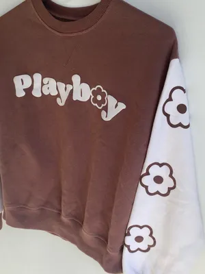 PacSun playboy brown white daisy floral sleeve crewneck sweatshirt loungewear XS thumbnail 2