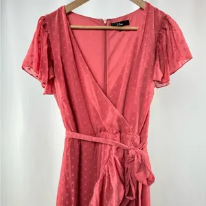 Lulus Have Harmony Swiss Dot Ruffled Faux Wrap Midi Dress in Mauve Size Medium‎ thumbnail 6