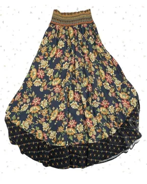 Farm Rio Boho Floral Maxi Skirt Black Tan Blue Mixed Flower Print Cottage Size S thumbnail 1