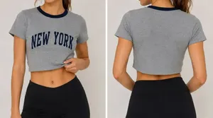 Brandy Melville New York Graphic Baby Tee Gray Ringer Crop Top One Size thumbnail 2