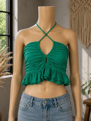 Free People Green Ruched Halter Crop Top Boho 100% Cotton Size Small thumbnail 1