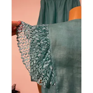LERMAJ Vintage Teal Linen Blend Two Piece Set Lace Wrap Top Wide Leg Pants M/L thumbnail 6