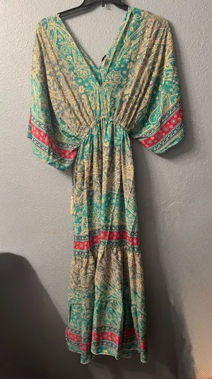 Bohemian Teal Paisley Maxi Dress with Tie Waist nwt thumbnail 1