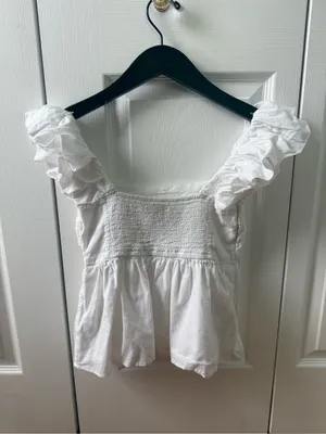 Abercrombie & Fitch White Emerson Peplum Puff Sleeve Pleated Top thumbnail 3