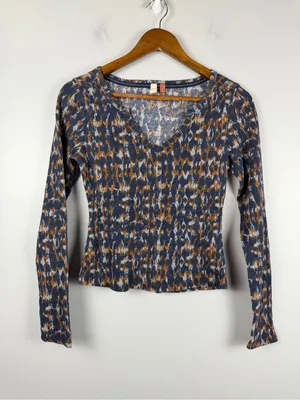 Anthropologie Pilcro notch neck waffle knit in blue orange print size small thumbnail 3