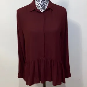 LOFT Burgundy Ruffle Peplum Hem Long-Sleeve Blouse Size Medium thumbnail 2