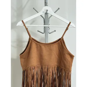 SheIn Suede Fringe Cami Crop Top Western Boho Festival Brown Women Size M NWT thumbnail 5