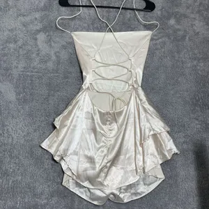 Unbranded Satin‎ Romper Women S Champagne Cowl Neck Lace Up Back Tiered Ruffle thumbnail 6