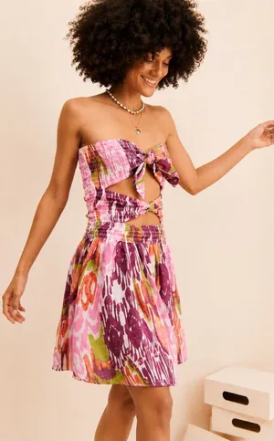 ✨🌸 Anthropologie Reversible‎ Smocked Mini Dress Size Medium Pink Ikat Print 🌸✨ thumbnail 1