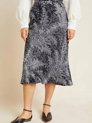 Anthropologie bias satin midi skirt black white paisley floral size 8 bohemian thumbnail 1