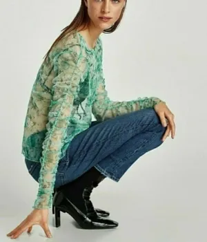 ZARA Floral Sheer Top Long Sleeve Ruched Retro thumbnail 2