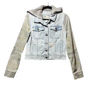 Billabong Womens Denim Jacket Camo Sleeve Hooded Distressed Light Wash Medium thumbnail 1