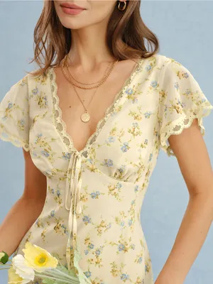 Rihoas Yellow V Neck Lace Floral Maxi Dress thumbnail 2